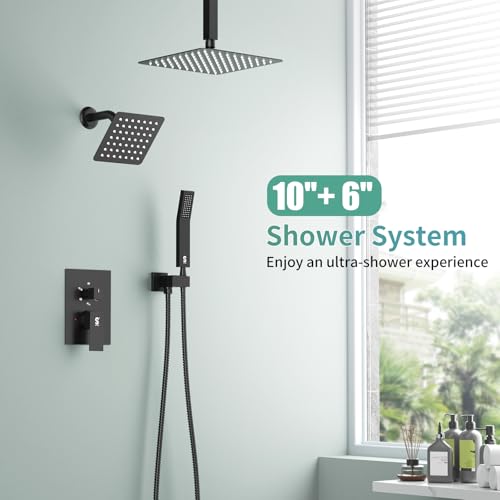 Shower Faucet Set Shower System - SR SUN RISE Matte Black Shower Trim Kit with Dual Shower Head, 10'' Ceiling Rainfall 6'' Wall Mount with Handheld Shower for Couples, Complete 6 Diverter Valve - color: Black, size: 10 Inch