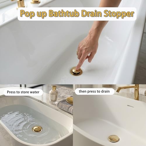 Universal Toe Touch Bathtub Drain Stopper - 3/8'' & 5/16'' Thread Studs with Star-Shaped Lock Washer, Gold(1 Pack) - color: Glod