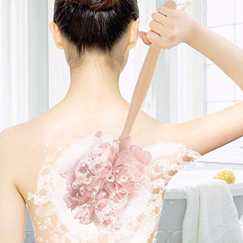 Pink Loofah with Handle - Cute Back Scrubber & Exfoliating Shower Sponge, Soft Mesh Luffa on Wooden Stick, Bath Brush for Women and Girls - color: Pink