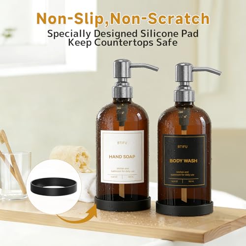 Kitchen Soap Dispenser Set – 16.8oz/500ml Glass Hand and Dish Soap Dispenser with Stainless Steel Pumps & Non-Slip Silicone Base, Luxury Countertop Decor for Home, Airbnb, Spa (Amber & Silver) - color: Amber & Silver