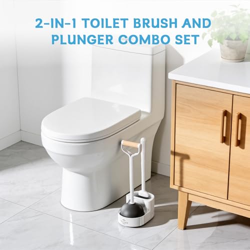 Sellemer Toilet Brush and Plunger Set, Curved Head for Deep Cleaning, White | Brush and Plunger set, Curved Nylon Bristles for Deep Clean, Strong Suction Plunger, Ventilated Holder for Quickly Air Dry - color: White