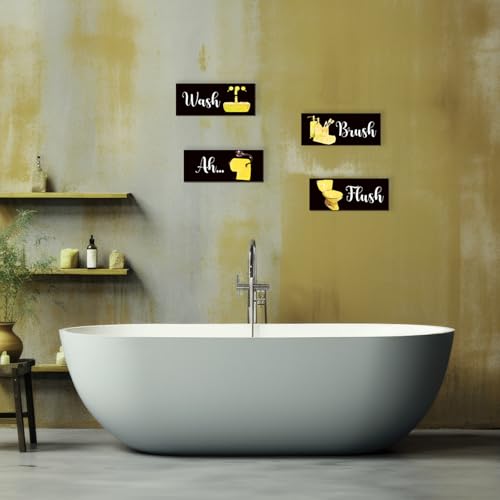 4 Pcs Yellow Bathroom Decor Funny Yellow And Black Wall Art Wooden Bathroom Accessories Modern Glitter for Home Toilet Decoration 10x4 Inches - color: Yellow, size: 10 X 4 Inch