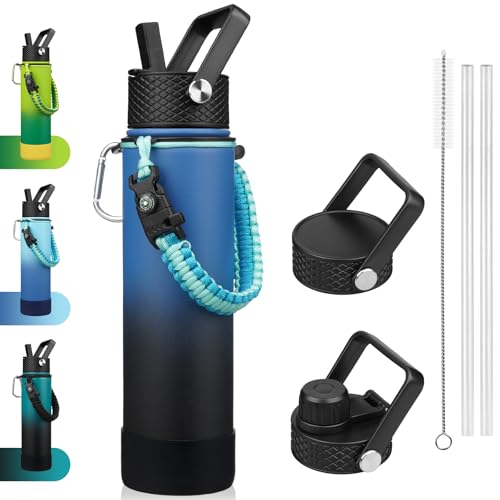 BJPKPK 27oz Insulated Water Bottles with 3 Lids, Paracord Handle & Non-slip Boot,Stainless Steel Water Bottle with Straw, BPA Free Leak Proof Thermal Flasks,Tumblers,Blue Black - color: Blue/Black, size: 27 Ounces