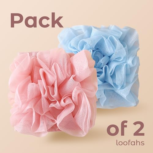 2 in 1 Loofah Sponges 2-Pack Dual-Sided Exfoliating Bath Sponges for Shower & Loofah Washcloth for Bar Soap Premium Body Scrubber with Drawstring for Gentle Skin Smoothing - Blue＆Pink - style: Blue＆Pink