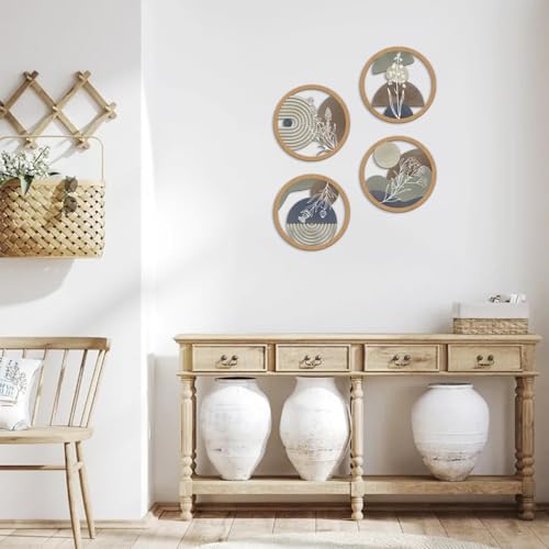 TOARTi 4Pieces Boho Botanical Wooden Wall Art,Farmhouse Geometric Round Wall Decor,Vintage Bohemian Plants Hanging Art,Morden Minimalist Aesthetic Artwork for Bedroom Living Room - color: 4pcs Geometric Botanical Wooden Wall Art