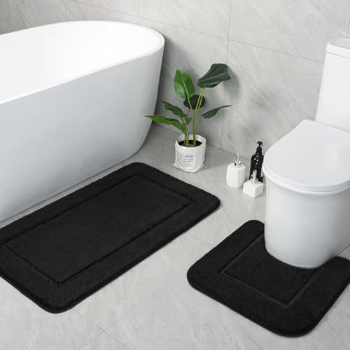 LOCHAS Bathroom Rug Set Black, Soft Bath Rug Set 2 Piece, Toilet Mat U-Shaped 20x20 and 34x20 Bath Rugs, Quickly Dry Mats for Bathroom, Tub, Washable, Super Absorbent Floor Mat - color: Black, size: 34" x 20" Plus 20" x 20" (U-Shape)