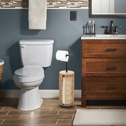 Trongee Freestanding Toilet Paper Holder with Storage,3 Rolls of Boho Toilet Paper Holder Stand with Lid,Gold Toilet Tissue Holder Stand Rattan Paper Storage Wicker Toilet Roll Holder Basket - color: U-black