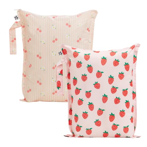 Tiny Twinkle Mess Proof Wet Bags | 2-Pack Reusable Waterproof Wet Bags for Swimsuits | Baby Clothes | Travel & Diaper Bag (Cherry Coquette,Strawberries) - color: Cherry Coquette,Strawberries, size: 2 Pack