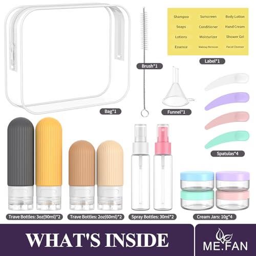ME.FAN Travel Bottles for Toiletries,18 Pack Silicone Portable Size Bottle, TSA Approved Refillable Cosmetic Container Kits for Conditioner, Shampoo, Lotion,Face Cream - Yellow - color: Apricot