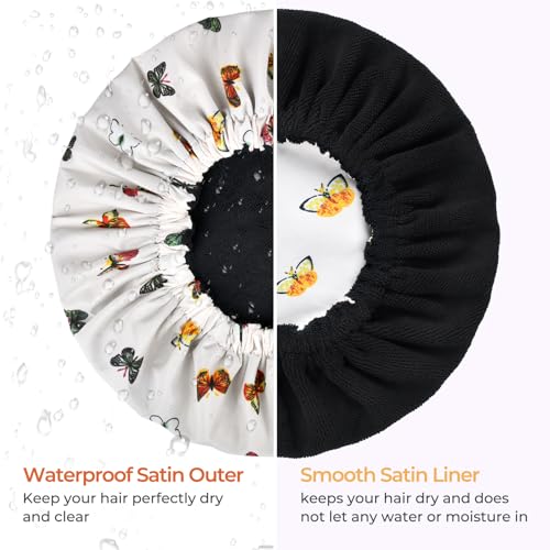 Shower Cap for Women Terry Lined Bath Cap Large Reusable Waterproof Elastic Band Butterfly Shower Caps for Long Thick Hair Soft Bath Shower Hair Caps - color: Colorful Butterfly