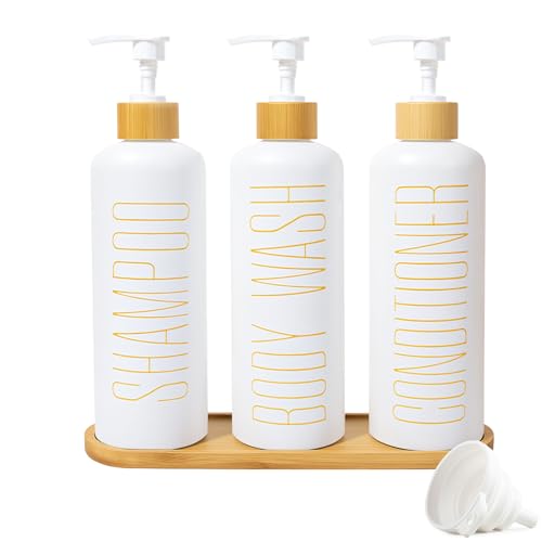 3-Pack 16oz Refillable Glass Shower Dispenser Set with Bamboo Pump, Tray, and Funnel for Shampoo, Conditioner, and Body Wash – Perfect for Bathroom and Guest Rooms (White)
