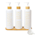 3-Pack 16oz Refillable Glass Shower Dispenser Set with Bamboo Pump, Tray, and Funnel for Shampoo, Conditioner, and Body Wash – Perfect for Bathroom and Guest Rooms (White)