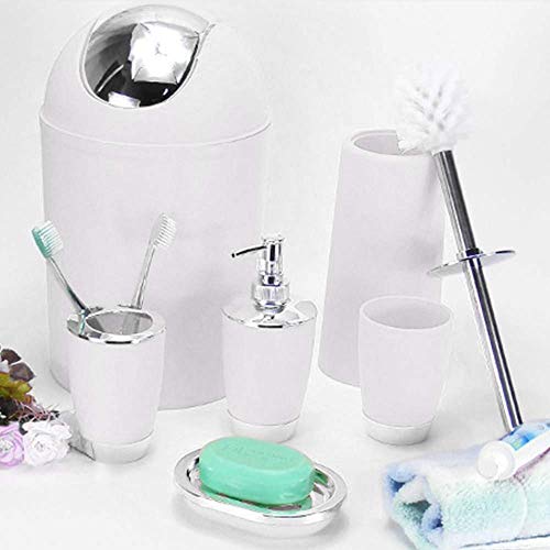 6Pcs Bathroom Accessory Tumbler Toothbrush Holder Bin Soap Dish Dispenser (White) - color: White