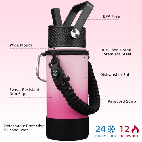 BJPKPK Water Bottle with Straw Lid, 18oz Insulated Water Bottles with 3 Lids, Paracord Handle & Non-slip Boot, Metal Stainless Steel Thermal Flasks, BPA Free Leak Proof Cups, Tumblers,Cherry - color: Cherry, size: 18 Ounces