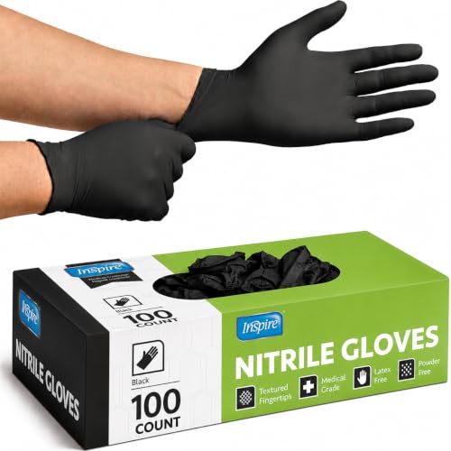 Inspire Black Nitrile Disposable Gloves | 4.5 Nitrile Disposable Safety Medical Cooking Cleaning Gloves - size: Small, style: Black - Box of 100