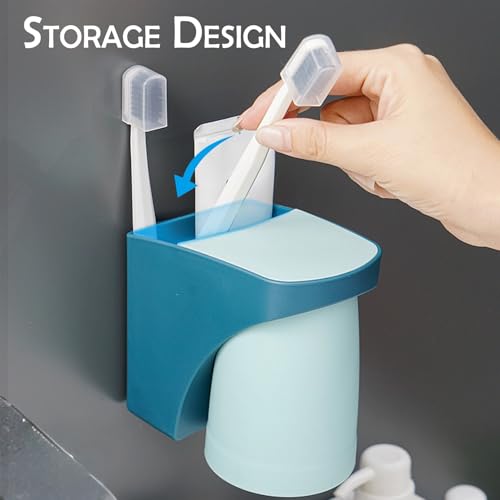 Blue Magnetic Cup Holder for Bathroom, sgzscl Toothbrush Wall Mounted Toothpaste Storage Drain Drill-Free Space Saving Organizer for Family Members - color: Deepsea Blue