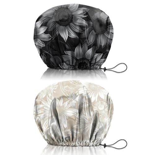 2 PCS Shower Cap Reusable Waterproof Double Layers Hair Caps Shower Bath Adjustable Elastic Hat for Women Girls Cute Aesthetic-Sunflower - color: AI2-Sunflower