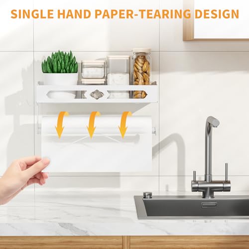White Paper Towel Holder Wall Mount with Shelf - Adhesive Hand Towel Rack, Space-Saving for Bathroom, Kitchen, RV Camper - color: White