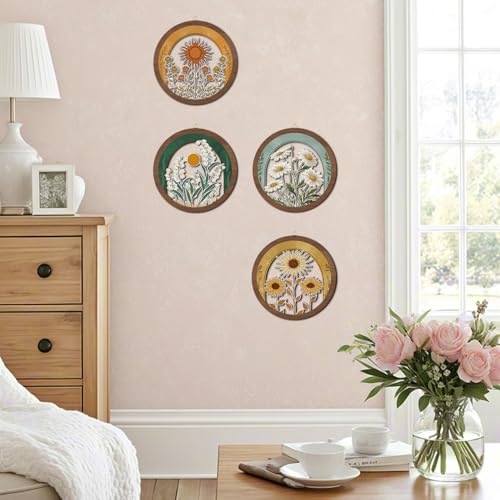 HPNIUB Vintage Flower Wall Decor, Farmhouse Sunflower Daisy Geometric Hanging Wooden Wall Art, 4 Pieces 10''x10'' Minimalist Boho Sun&Floral Wood Sign for Girls Bedroom Living Room Office - color: Vintage flower