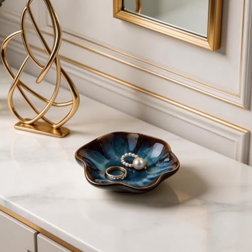 Ceramic Lotus Leaf Trinket Dish, Ring Holder for Jewelry | Keeps earrings, necklaces, keys, and keepsakes handy on vanities or nightstands, a sweet gift for moms, sisters, and friends - color: blue