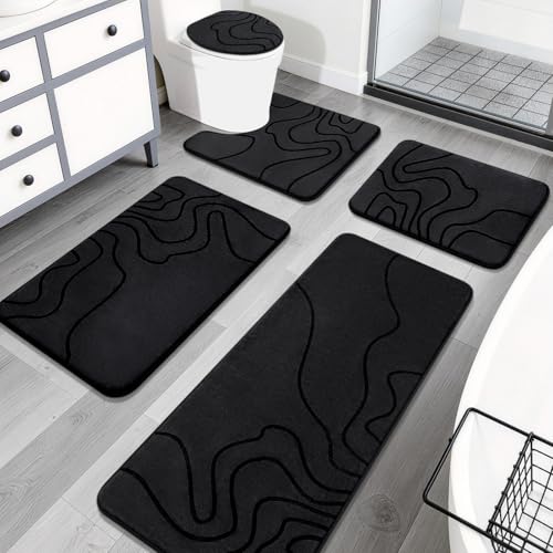 YIHOUSE Memory Foam Bathroom Rugs Sets 5 Piece - Extra Thick Ultra Soft Absorbent Bath Mat Set, Non-Slip Machine Washable Bath Rugs for Bathroom, Tub & Shower, Home Decor Accessories, Black - color: Black, size: 1'5" x 3'10" (5 pieces)