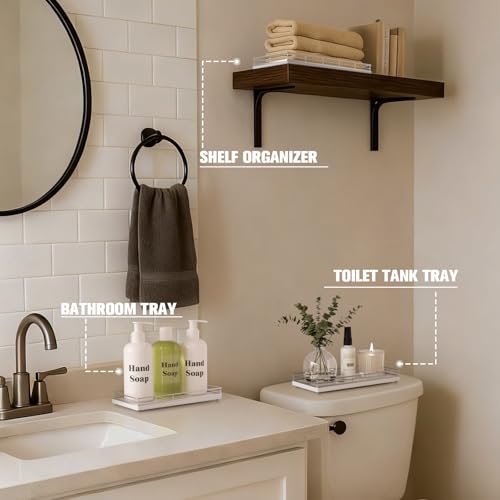 Bathroom Vanity Tray for Countertop, 12" x 6" Oak Wood Toilet Tank Tray | Metal Guardrail, Bathroom Organizer for Soap, Perfume & Skincare, Non-Slip Decorative Tray for Dresser, Silver & White - color: Silver, size: 12" x 6" x 1.5"
