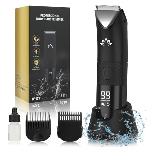 Qreeyx Manscape Trimmer for Men - Electric Body Hair Trimmer with Light, IPX7 Waterproof Electric Razor for Balls/Pubic/Groin/Legs/Chest Hair Removal, Lightweight with LED Display, Gifts for Him Dad - color: Black8118