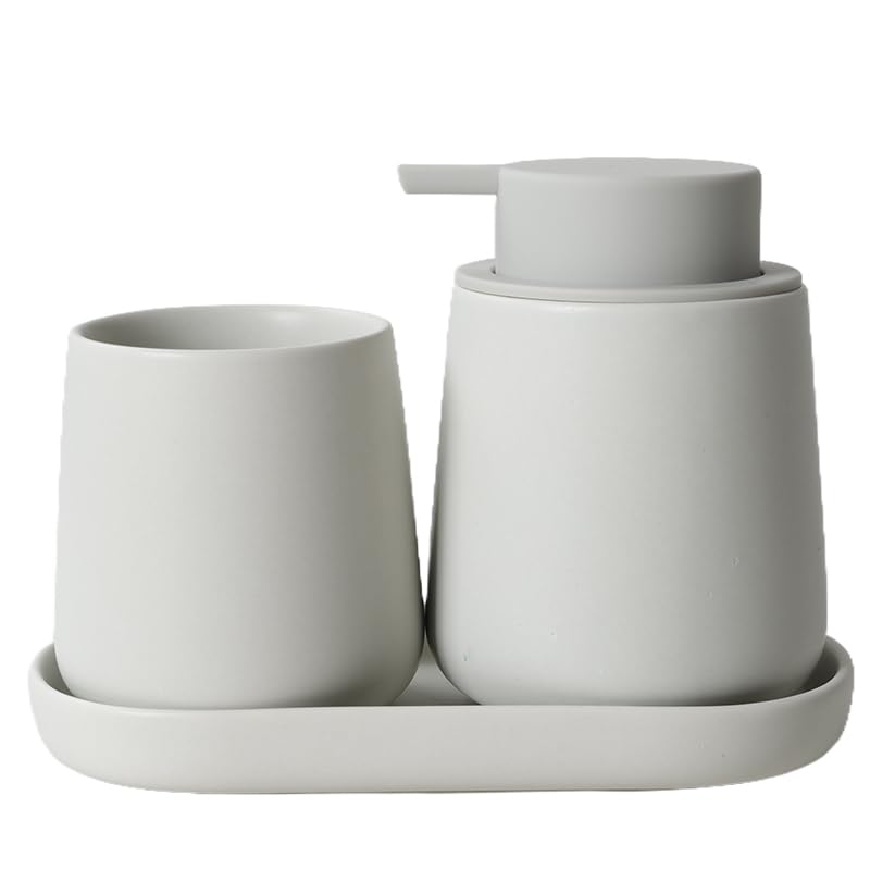 BosilunLife Ceramic Bathroom Accessories Set 3 Pcs, Foaming Soap Dispenser and Toothbrush Holder with Tray, Modern Farmhouse Vanity Decor, Light Grey Housewarming Gift - color: Light Grey, style: Foam