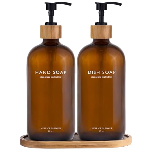 Vine Creations Amber Glass Soap Dispenser Set, Hand Soap and Dish Soap Dispenser Set with Bamboo Tray, 16 oz Glass Dispensers Bottle for Kitchen and Bathroom Decor Modern Boho with Bamboo Pump (Amber) - color: Amber