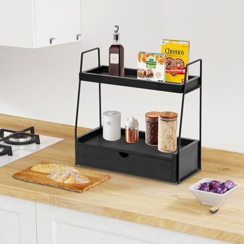 2-Tier Bathroom Organizer Countertop with Drawer, Wood Counter Organizer for Bathroom Decor, Sink Shelf for Vanity Storage, Makeup Tray for Perfume Skincare, Spice Rack Bedroom Kitchen Corner - color: Black