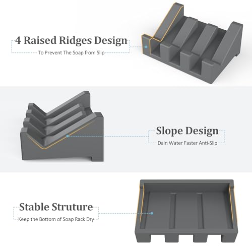 Silicone Soap Dish,1PCS Self Draining Bar Soap Holder for Shower,Dark Gray | Self draining silicone soap dish with drainage,waterfall design keeps bar soap dry,extended soap holder for shower,bathroom - color: 1*gray