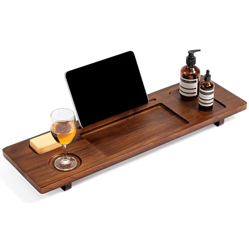 Teak Bathtub Tray for Freestanding Tubs - 29" Heavy-Duty Luxury Bath Caddy, Non-Slip Zero-Wobble Design, Water-Resistant Spa Organizer with Wine Glass & Phone Holder - color: Brown Teak, size: 29 Inch