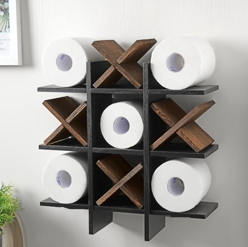 Weysat Tic Tac Toe Toilet Paper Holder Stand Bathroom Wall Decor Rustic Wooden Hanging Storage Freestanding Wall Mounted Shelves Decor for Toilet Tissue Farmhouse - color: Black, Dark Brown
