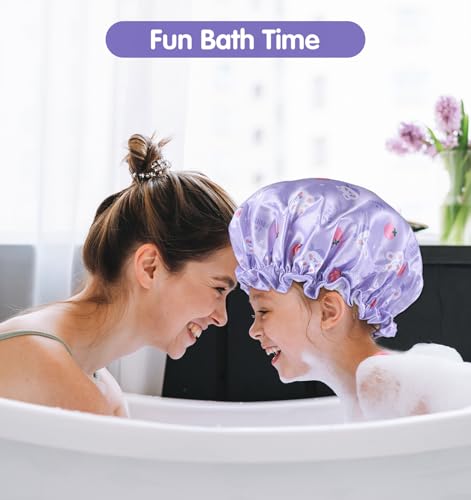 Shower Cap Kids, 3 Pcs 10 Inch Girls Toddler Shower Cap with Waterproof Reusable Double Layers & Elastic Band for Kids, Women, Sleeping, Bath, Travel, Home, (3 Colors)