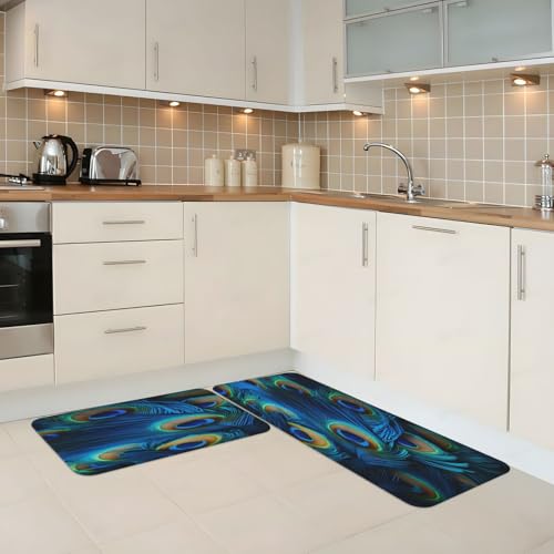 Peacock Blue Feather Kitchen Rugs Mats Set of 2 Pcs Non-Slip Floor Mats Washable Runner Rugs Set for Bathroom Laundry Hallway Kichen Comfort Standing Mat - color: Peacock Blue Feather