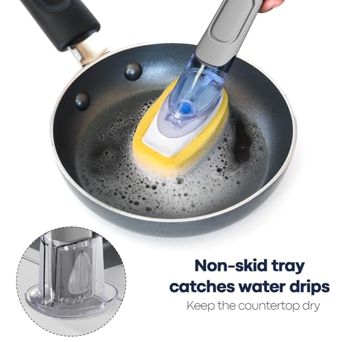 Dish Brush with Soap Dispenser Storage Set with 2 PCS Sponge Refills & Holder, Soap Dispensing Dish Brushes, Sponge with Soap Dispenser Handle, Dish Sponges with Handle for Dishes Pans Pots Sink(Gray) - color: Gray