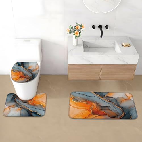 Moonslim 4Pcs Marble Shower Curtain Set, Orange Gold Black Abstract Bathroom Shower Curtain with Rugs and Accessories,Shower Curtains for Bathroom Set Decor - color: Black Gold