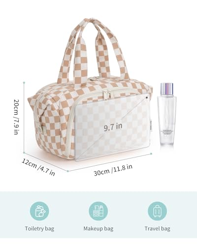 Narwey Travel Toiletry Bag for Women, Checkered Large Makeup Bag, Wide Open Cosmetic Make Up Organizer, Wet Pocket for Towel, Travel Bag for Toiletries, Brushes, Essentials (Light Brown Checker) - color: Light Brown Checkerboard
