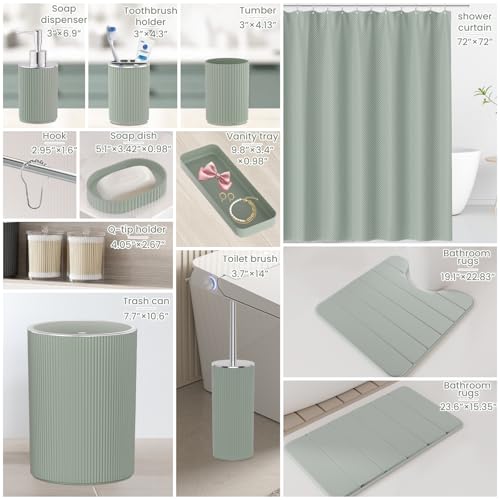 Sage Green Bathroom Accessories Set - Bathroom Sets, 25PC Bath Accessory Set, Bathroom Sets with Push Top Trash Can, Shower Curtain and Rugs, Toilet Brush, Trash Can & Soap Dispenser - color: Sage Green & Silver, size: 25-Piece Set (Accessories + Shower C