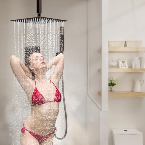 SunCleanse Rainfall Shower System Oil Rubbed Bronze Shower Faucet Combo Set with High Pressure 12 Inches Square Rain Shower Head, Handheld and Shower Faucet Rough-in Mixer Valve and Trim - color: Oil Rubbed Bronze, style: 12-ceiling