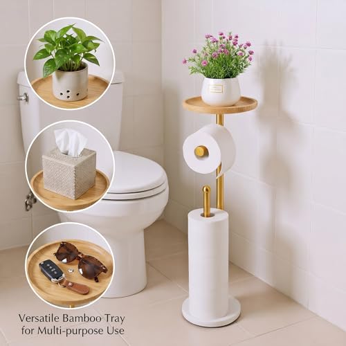Standing Toilet Paper Holder Gold with 7.9" Big Tray, 2.2Lbs Heavier Marble Base, Freestanding Paper Holder Stand with Phone Shelf, Holds 5 Paper Rolls (Gold) - color: Gold