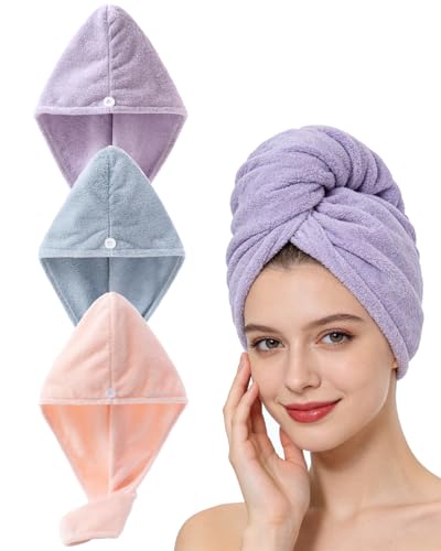 Lumimi Luxury Microfiber Hair Towel Gift Set 3 Pack - Spa Quality Turbans with Button Closure, Quick Dry for Long/Curly Hair, Premium Bath Accessories for Women(Blue+Pink+Purple) - color: Blue+pink+purple