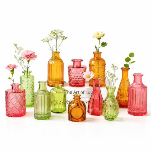 TBWIND 12 Pcs Colorful Glass Bud Vase Set, Vintage Textured Small Flower Vases for Centerpieces, Wedding Table Decor, Home Party Decorations & Gifts - color: Multicoloured -12pcs, size: 12Pcs