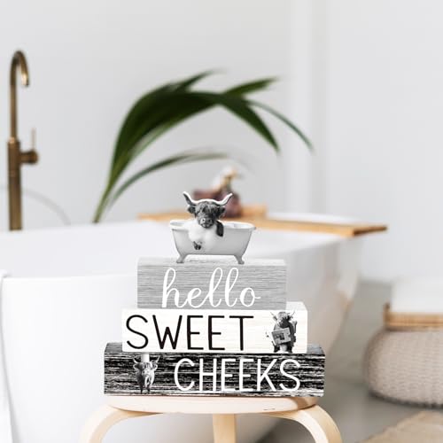 Cinnvoice 4 Pcs Funny Highland Cow Bathroom Decor Farmhouse Bathroom Decoration Western Hello Sweet Cheeks Table Centerpiece Gift for Christmas Valentines Back to School - style: Funny Highland Cow