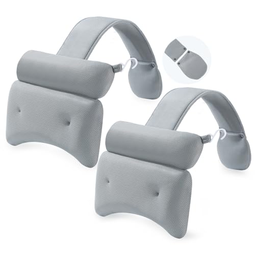 2-Pack Dual-Section Pillows for Hot Tub (Grey) – Dual-Section Head & Neck Support Cushion for Spa & Chaise Lounge, Removable Weighted Pouch, Adjustable Long Strap & Easy-Dry Hook
