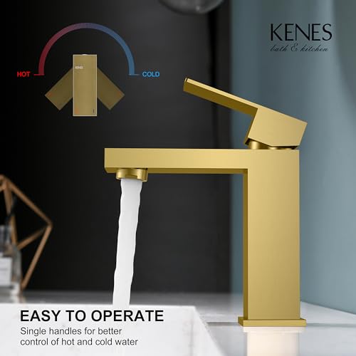 KENES Brushed Gold Bathroom Faucets, Modern Single Hole Lavatory Vanity Faucet, Single Handle Bathroom Sink Faucet Gold, with Pop Up Drain & Water Supply Hoses LJ-9031-4 - color: Gold, size: Short