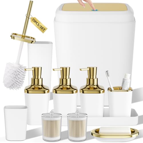 Bathroom Set - 11PC Bathroom Accessory Set, Bathroom Accessories Set, White Bathroom Set, Push-lid Trash Can, 3PC Soap Dispensers, Toilet Brush & Q-tip Holders - color: White & Gold, size: Bath Set
