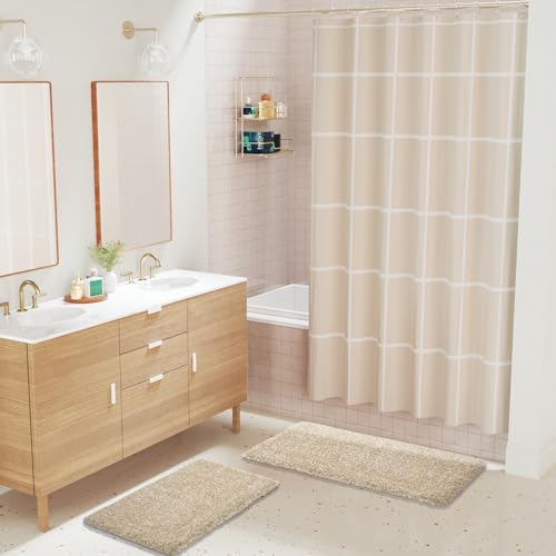 Yimobra Luxury Bathroom Rugs, Fluffy Bath Mats, Non Slip, Water Absorbent Microfiber, Machine Washable, Plush Runner Shower Rugs, Thick Matts for Bathroom Floor/Tub, 47" X 24", Light Beige and White - color: Light Beige and White, size: 47" X 24"