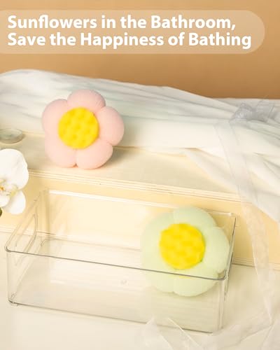 2 Pcs Bath Sponge, 2026 Upgrade Super Soft Yellow Flower-Shaped Suction Cup Bath Sponge, Upgraded 2-in-1 Flower-Shaped Ball Exfoliating Bath loofah Cleaning Brush, Mesh Shower Body Sponge(2 Color - style: Green+Light Pink