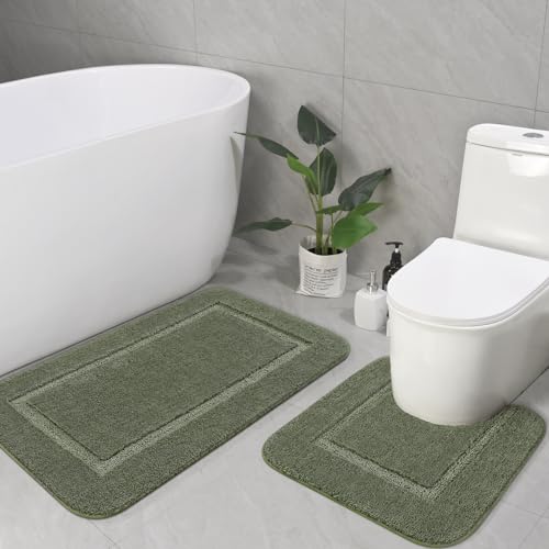 LOCHAS Bathroom Rug Set Sage Green, Soft Bath Rug Set 2 Piece Set, Toilet Mat U-Shaped 20x20 and 34x20 Bath Rugs, Quickly Dry Mats for Bathroom, Tub, Washable, Super Absorbent Floor Mat - color: Sage Green, size: 34" x 20" Plus 20" x 20" (U-Shape)